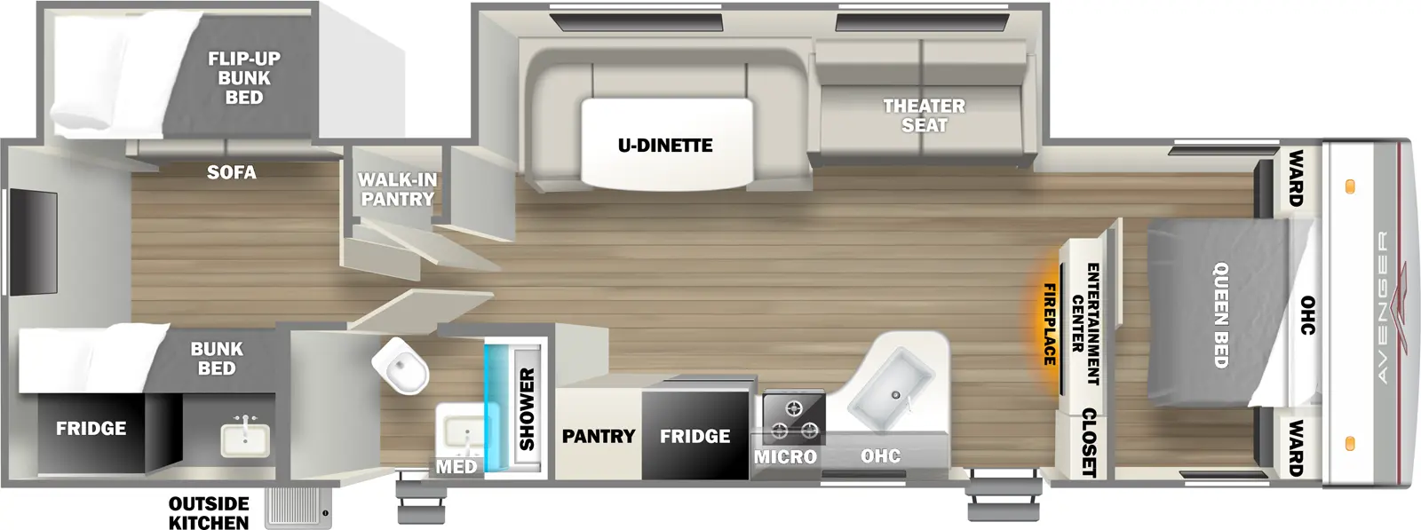 The 32BHS features two entries and two slideouts. Exterior features outside kitchen. Interior layout front to back: foot-facing queen bed with overhead cabinet and wardrobes on each side; entertainment center with fireplace below and closet along inner wall; off-door side slideout with theater seat and u-dinette; door side entry, peninsula kitchen countertop with sink, overhead cabinet, microwave, cooktop, refrigerator, and pantry; off-door side walk-in pantry; door side full bathroom with medicine cabinet and second entry; rear bunk room with door side bunk beds, and off-door side slideout with flip up bunk bed with sofa below.